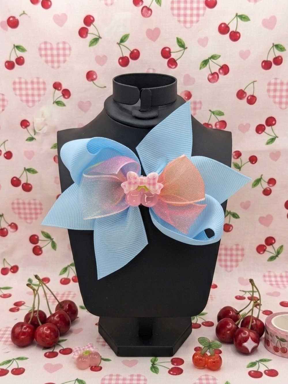Light Blue Medium Cherry Themed Hairbow